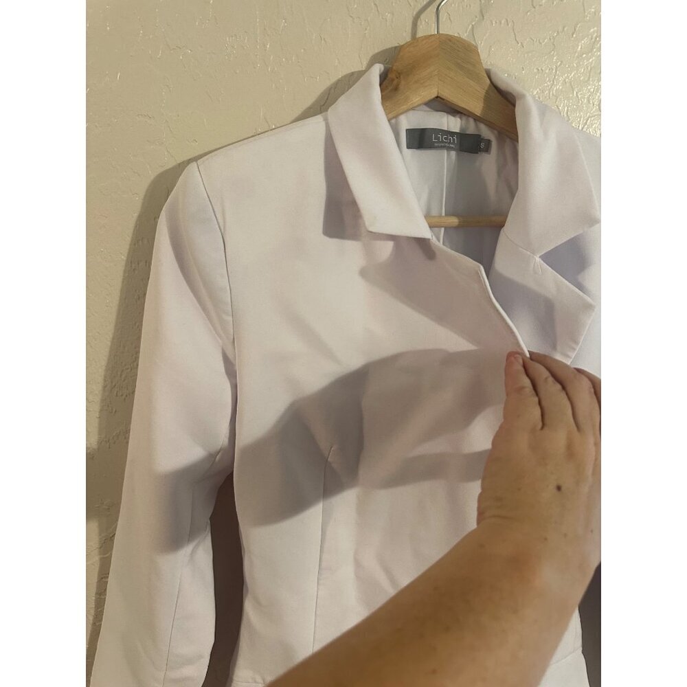 Y Lichi White Cotton Two Button Plunge V Neck Long Blazer Professional Dress - Picture 8 of 14